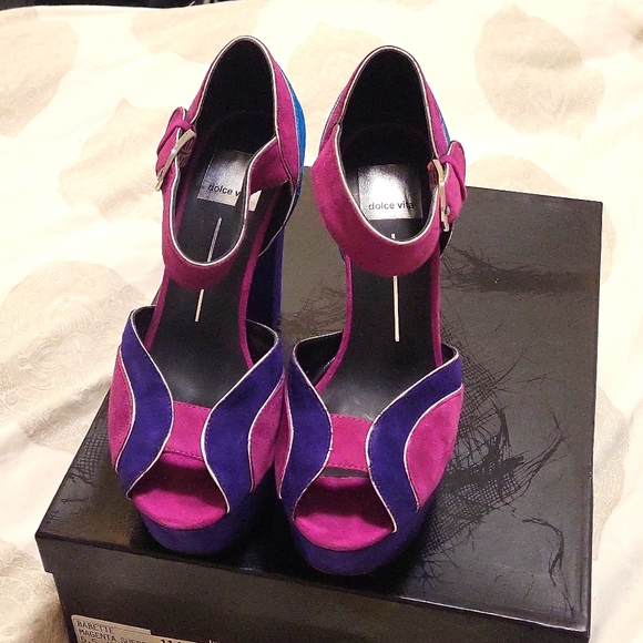 GUC with Box Dolce Vita Babette Suede Platform Peeptoe Colour Block heels - Picture 3 of 11
